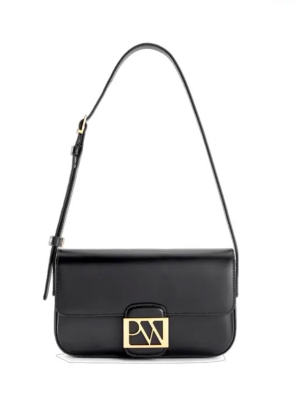 Black Leather Shoulder Bag with Gold Monogram Hardware